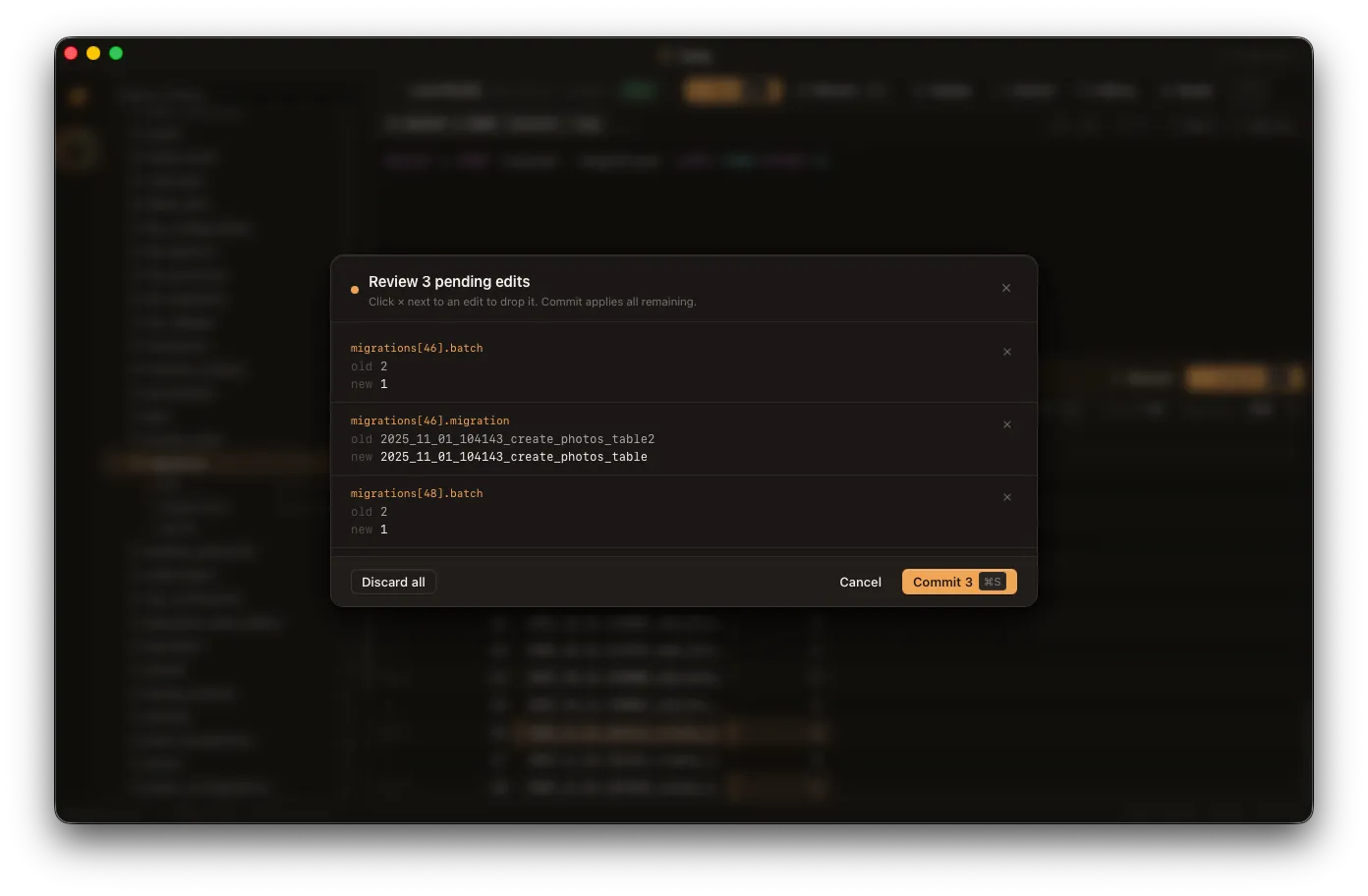 Review modal titled 'Review 3 pending edits' showing three diffs with old and new values for fields on the migrations table, plus Discard all, Cancel, and Commit 3 buttons.