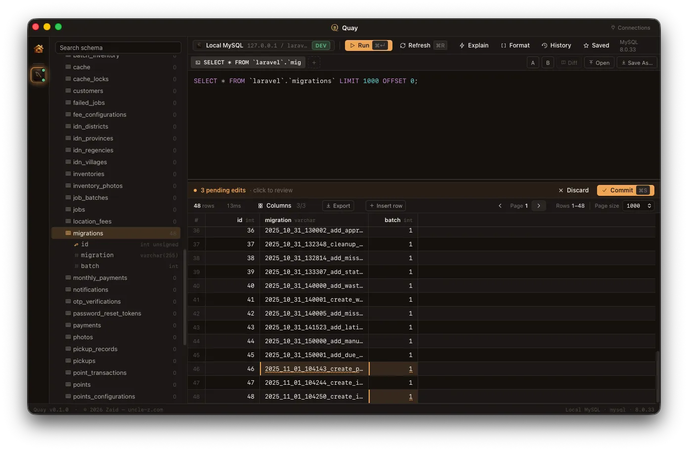Quay workspace — connections rail with ten dialect logos, schema browser open on a SQL database, editor running a query, and a pending-edits strip showing three pending changes with Discard and Commit buttons.