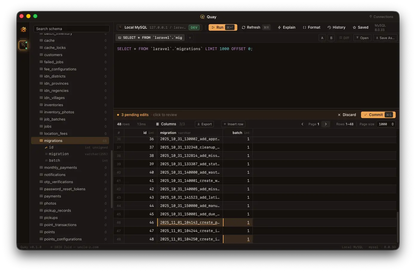 Quay workspace — connections rail with ten dialect logos, schema browser open on a SQL database, editor running a query, and a pending-edits strip showing three pending changes with Discard and Commit buttons.